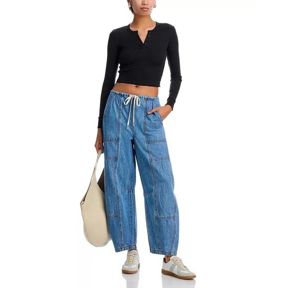 BlankNYC Women Fan Mail Washed Blue Drawcord Low Rise Barrel Leg Jeans Size S - Picture 4 of 7